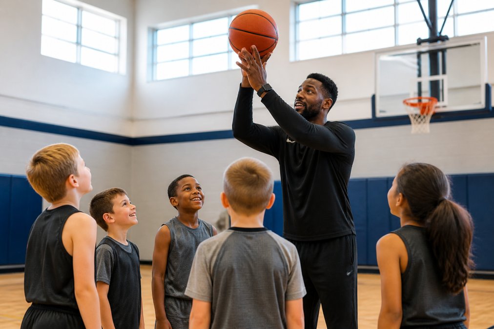 Coach demonstrating proper basketball shooting form with a group of young players aged 6-10 gathered around, smiling and attentive, in a bright gymnasium with natural light from high windows