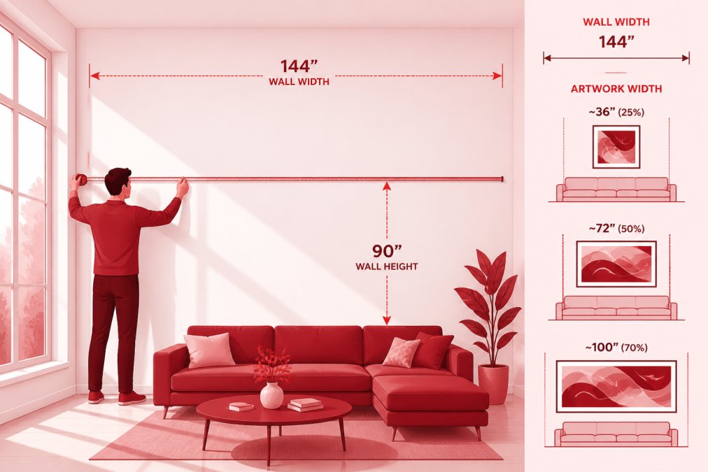 Homeowner measuring a living room wall with a tape measure, natural light streaming through large windows, showing the scale perspective of empty white wall space with furniture below