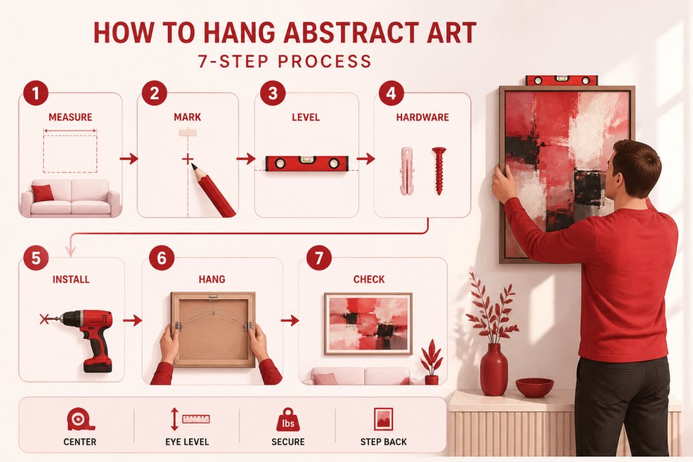 Person hanging a colorful abstract painting on a white wall using a level, hands carefully positioning the artwork, showing proper installation technique with natural light highlighting the process