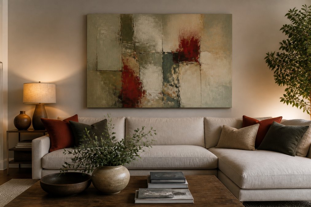 Modern living room with a large abstract canvas displaying muted sage and taupe tones punctuated by striking crimson accents, positioned above a neutral sectional sofa, showing how the artwork creates visual balance and serves as the room's focal point with warm accent lighting