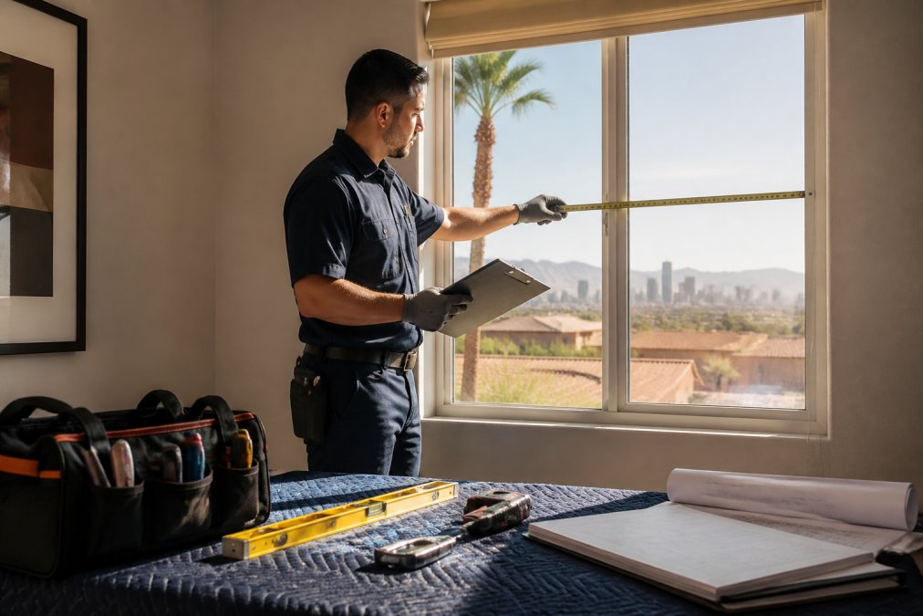 A professional HVAC technician in uniform measuring a residential window and checking a clipboard with home specifications inside a Las Vegas home, with bright desert sunlight visible through the window