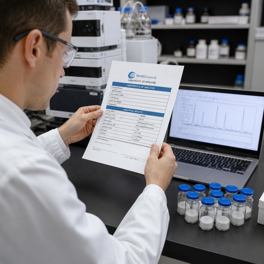 Scientist reviewing a Certificate of Analysis at accredited peptide labs to verify HPLC data and purity.