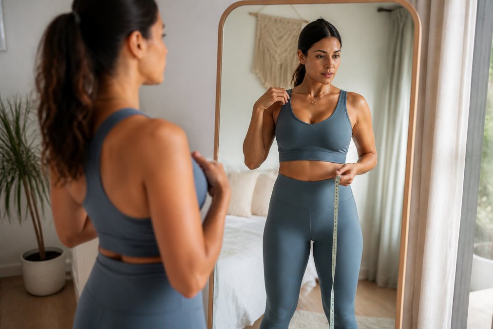 A woman in her thirties standing in front of a full-length mirror in a bright bedroom, wearing a matching high-waisted activewear set, checking the fit at the waist and shoulders while holding a soft measuring tape