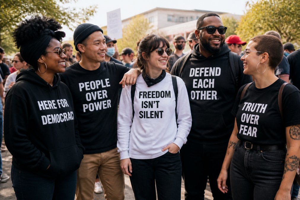 Diverse group of activists wearing statement apparel at outdoor daytime gathering, showing various body types in unisex hoodies and tees with bold political messages, comfortable confident postures
