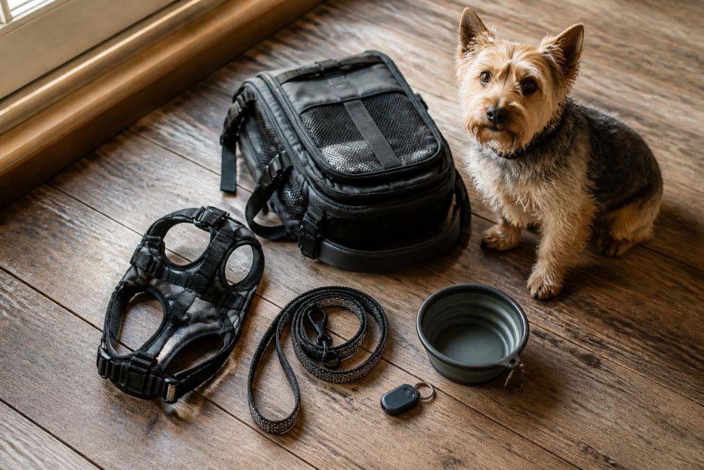 A flat-lay photograph of pet adventure gear arranged on a weathered wooden floor: a padded no-pull harness, a folded carrier backpack, a collapsible bowl, a coiled leash, and a small GPS tag, with a terrier sitting beside the items in soft window light