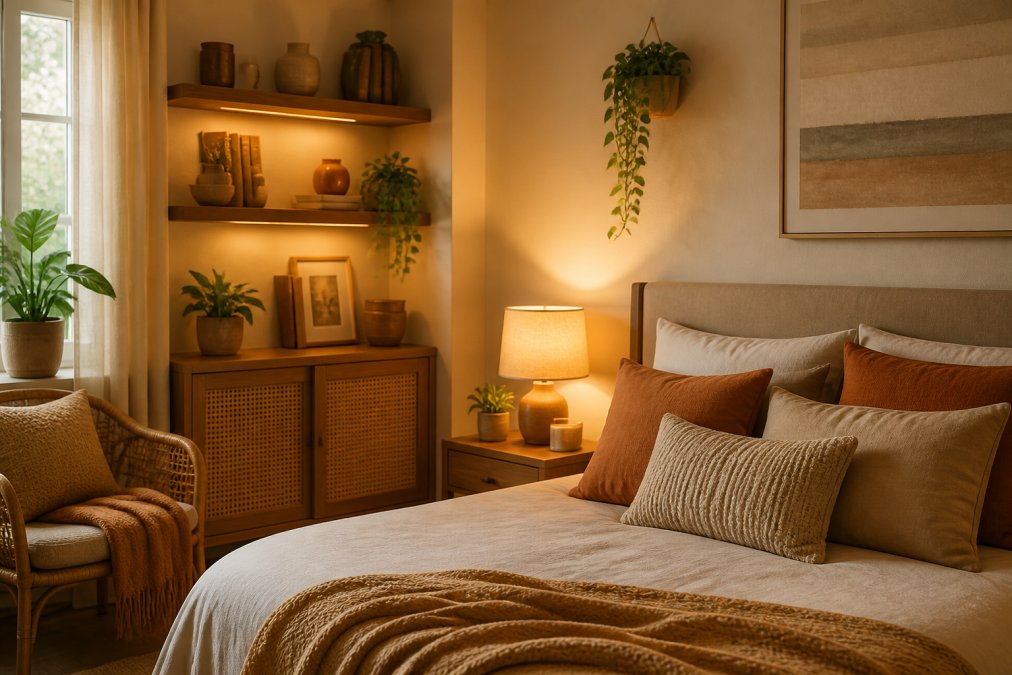 Bright, well-organized bedroom displaying a cohesive warm color palette with soft lighting, textured throw pillows in earth tones, carefully curated home accessories on floating shelves, and layered ambient lighting creating a calming atmosphere
