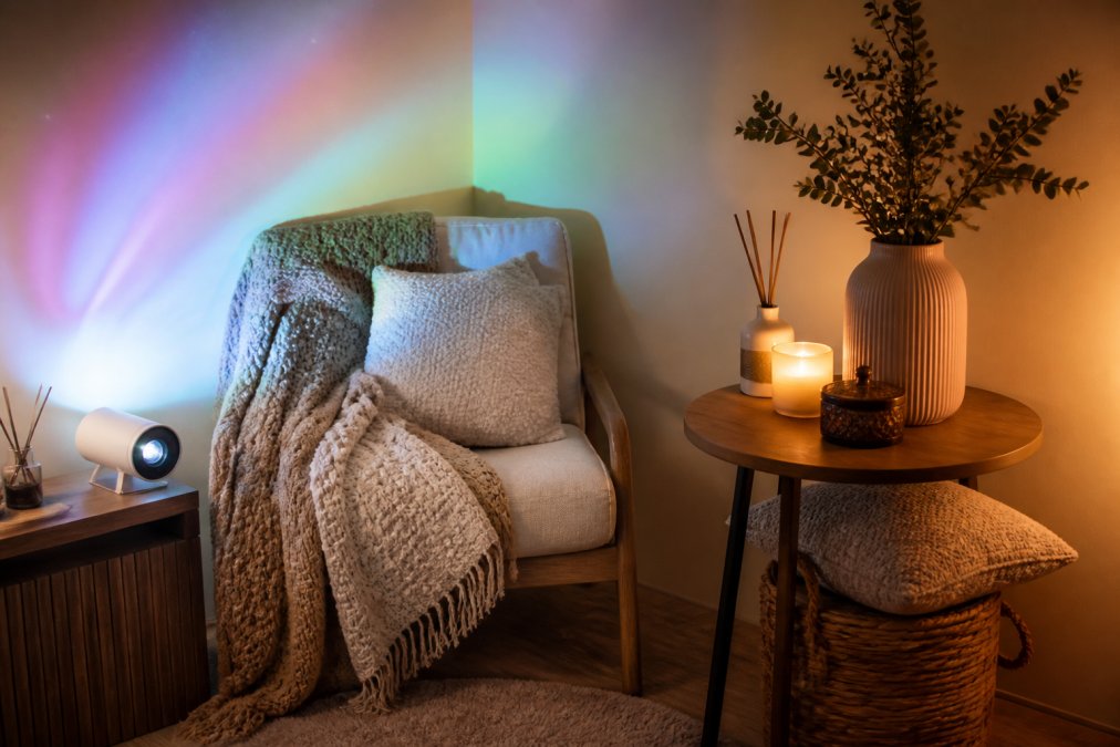 Cozy corner with layered lighting from a modern projector creating soft aurora effects, textured throw blankets draped over a minimalist chair, soft cushions, and carefully arranged decorative accessories on a side table creating visual balance and warmth