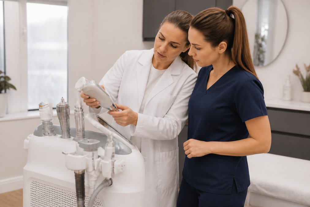A dermatologist and a clinic nurse in scrubs examining a multi-modality laser platform's handpiece and touchscreen interface in a bright, modern treatment room