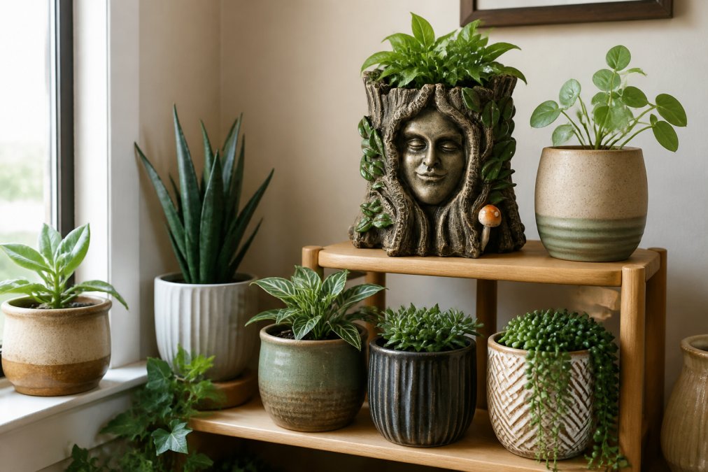 A small apartment corner or shelf displaying multiple plant pots in coordinated colours and textures, arranged at different heights to show visual balance and interior design styling