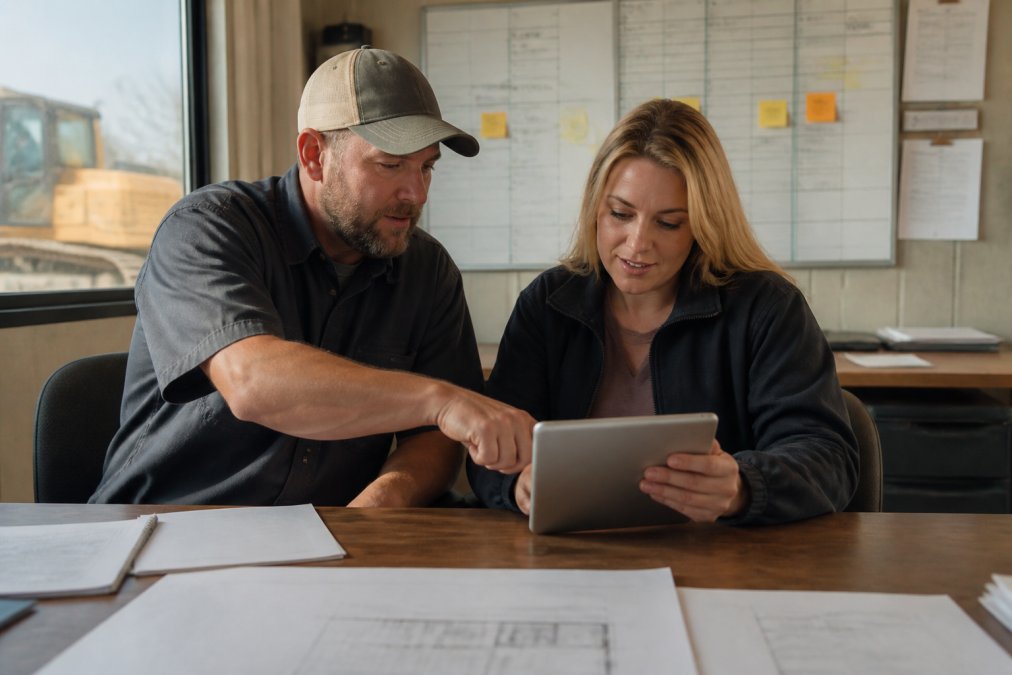 Contracting business owner and office manager reviewing workflow requirements on a tablet together in a job site office, with scheduling boards and dispatch notes visible in background, natural daylight through windows