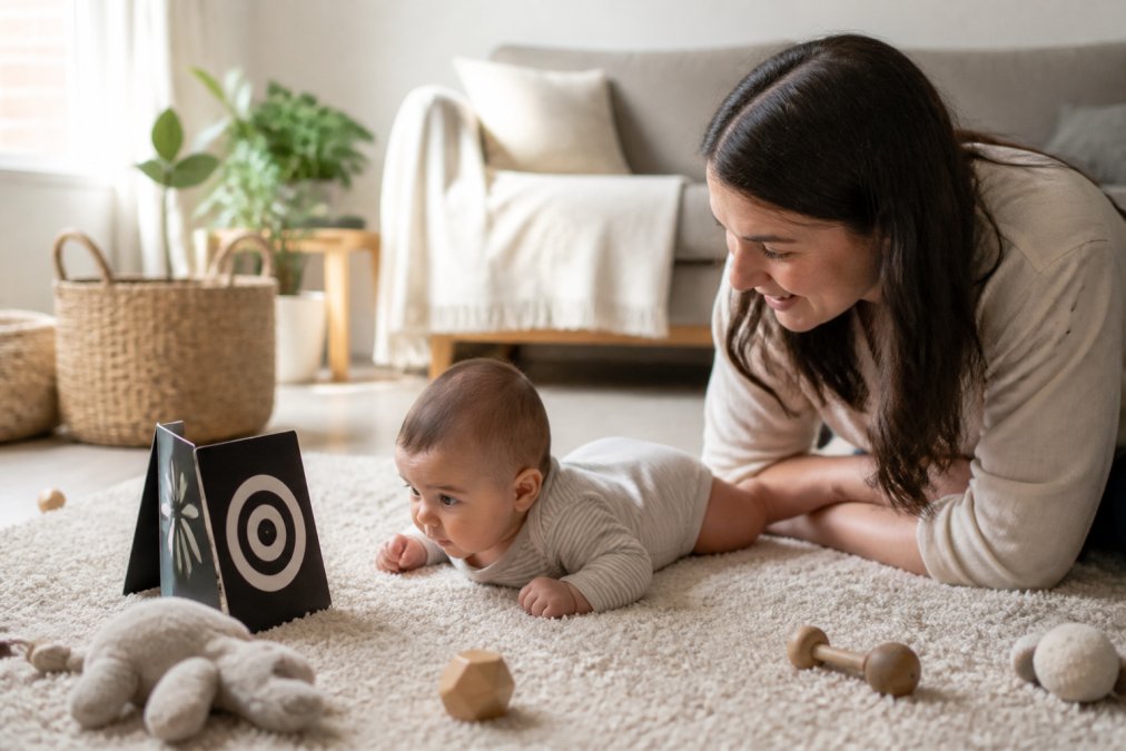 Parent and baby on a rug using black-and-white developmental toys to support early visual milestones