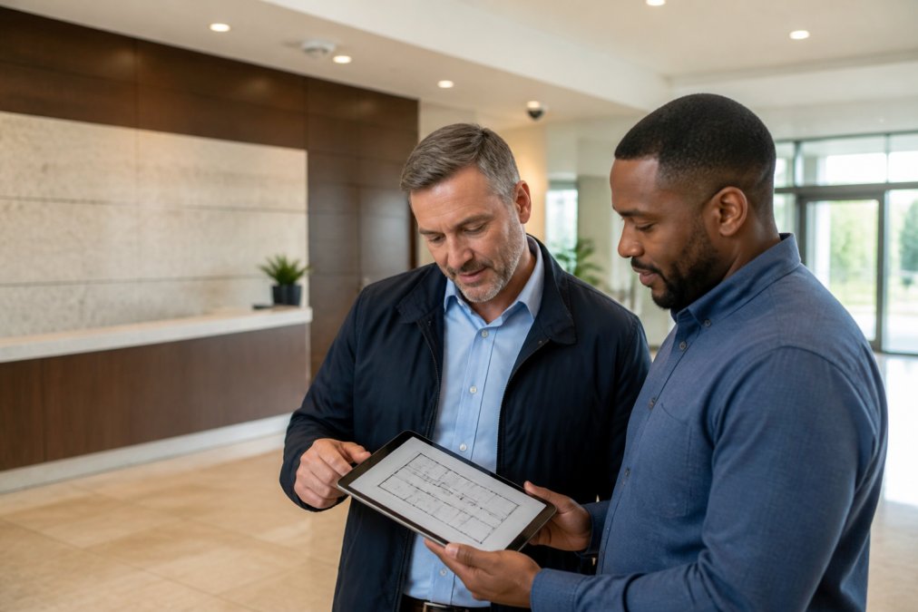 A facility manager and security integrator reviewing a building floor plan on a tablet inside a modern office lobby, with ceiling-mounted cameras visible in the background
