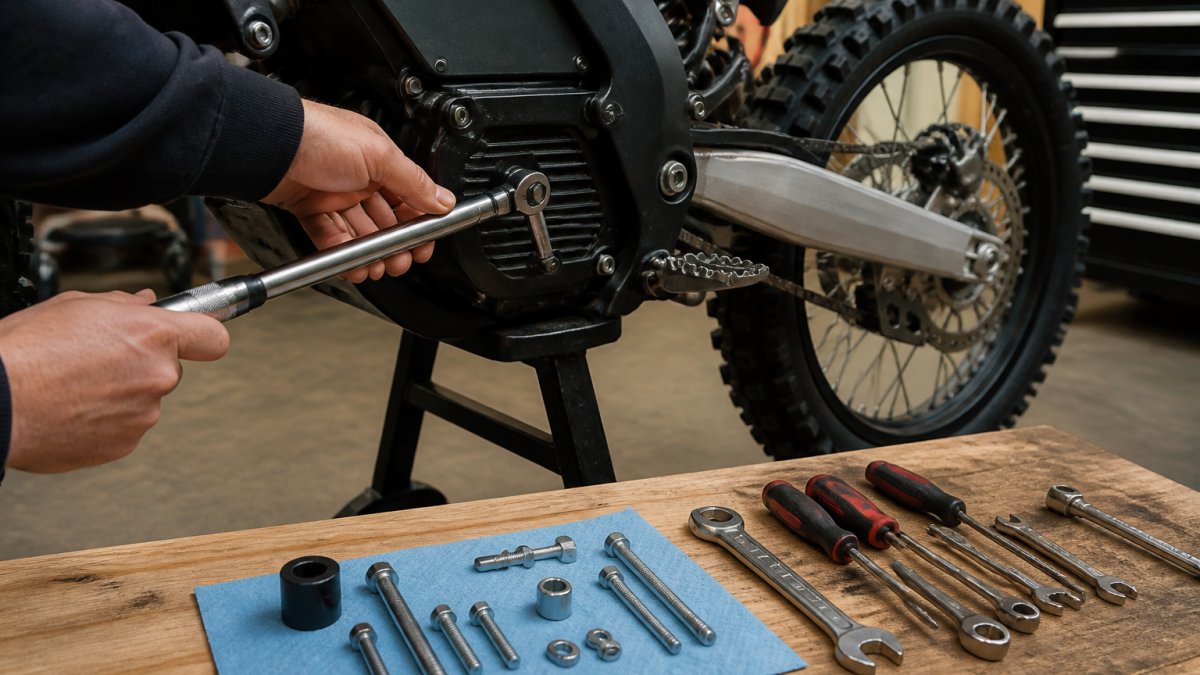 Hands using a torque wrench to tighten a motor mounting bolt on an electric dirt bike in a workshop.