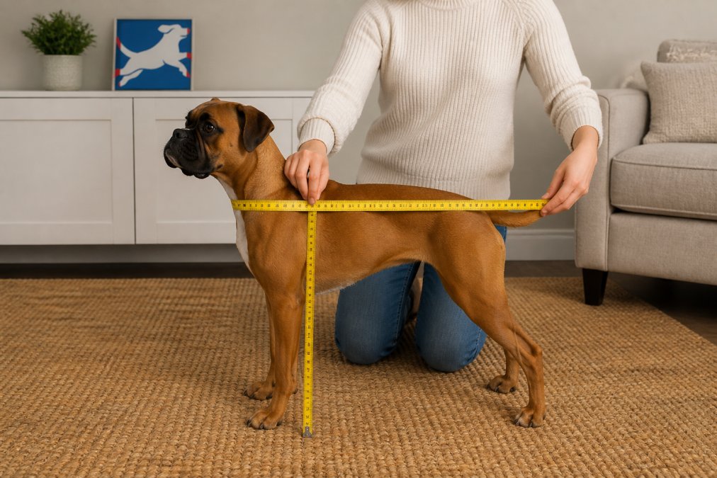 Dog owner measuring their small dog with a measuring tape in a home setting, showing proper measurement technique from nose to tail and height measurement