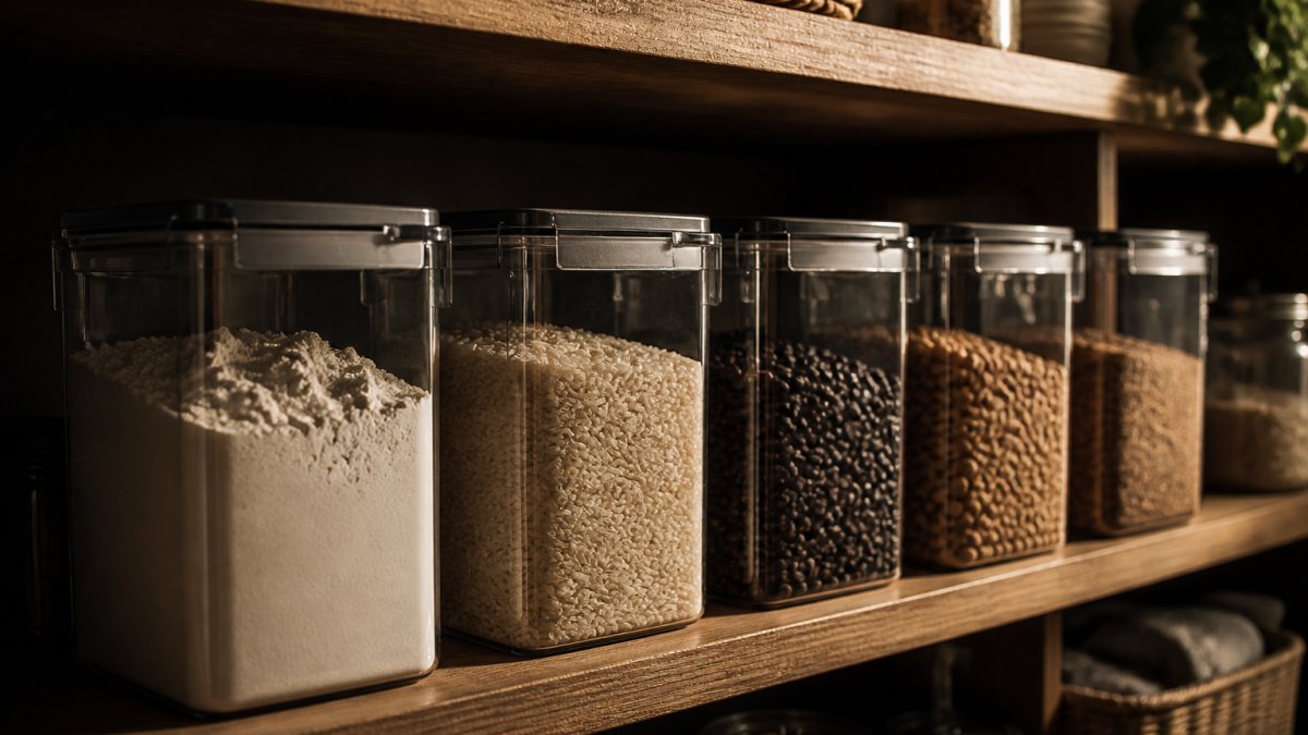 A well-organized pantry shelf with a row of clear airtight food storage containers filled with flour, rice, and beans, labels facing forward, soft natural light