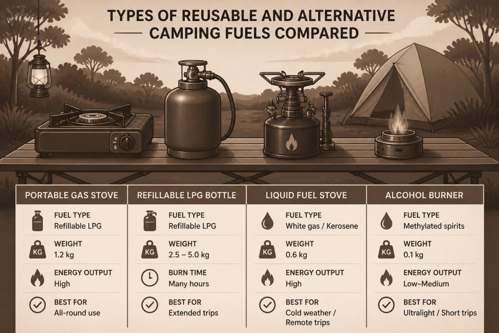 A camp kitchen scene at dusk with a portable gas stove, a refillable LPG bottle, a liquid fuel stove and a small alcohol burner arranged side by side on a folding table, with a tent and bushland in the background