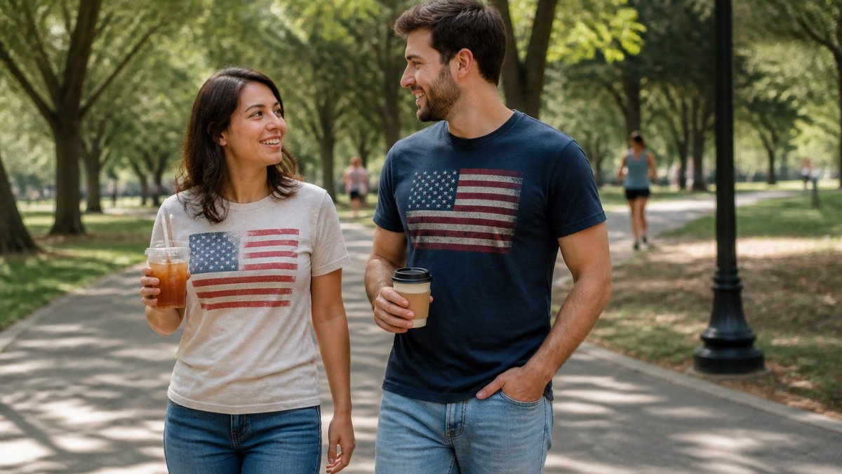 A person wearing a subtle American flag graphic tee paired with jeans, standing in a casual outdoor setting like a park or city street, looking comfortable and confident