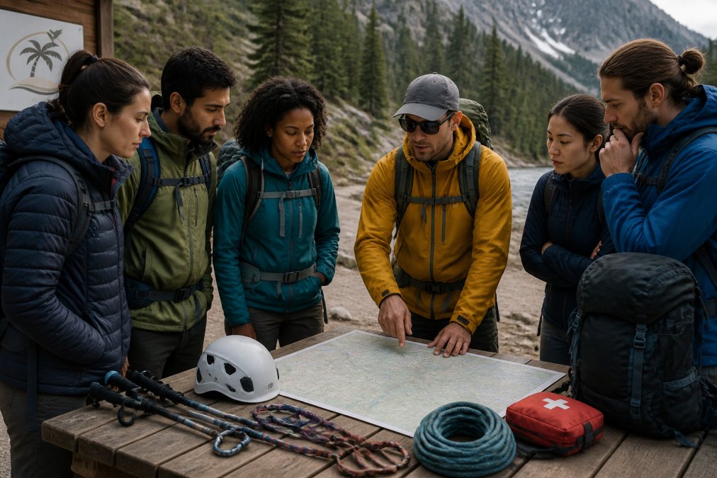 Adventure travel company guide reviewing safety equipment and maps with trekkers before their departure