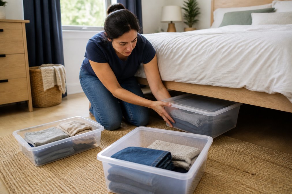 Homeowner decluttering a bedroom, removing items from under the bed and organizing belongings into clear plastic bins, showing practical preparation steps with natural window lighting