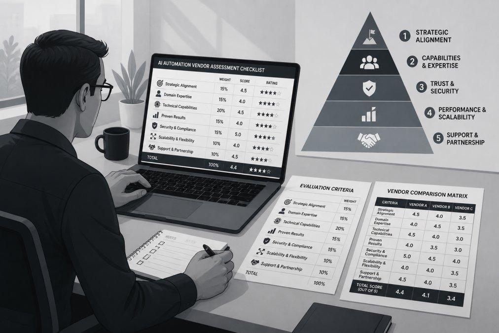 IT director reviewing detailed AI automation vendor assessment checklist on laptop with printed evaluation criteria and comparison matrices on desk in modern office with natural window lighting