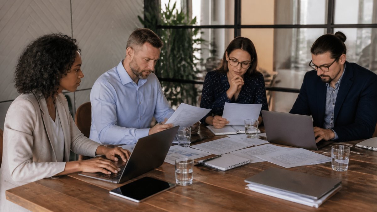 A team evaluating proposals to choose an AI automation vendor in a meeting room with notes and laptops.