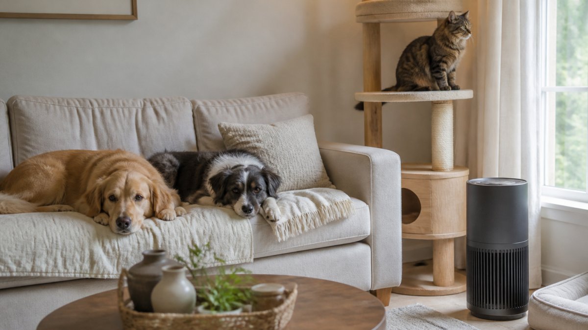 A living room in a pet-friendly home with two dogs resting on a sofa and a cat on a cat tree, with a sleek tower air purifier running quietly in the corner near a window