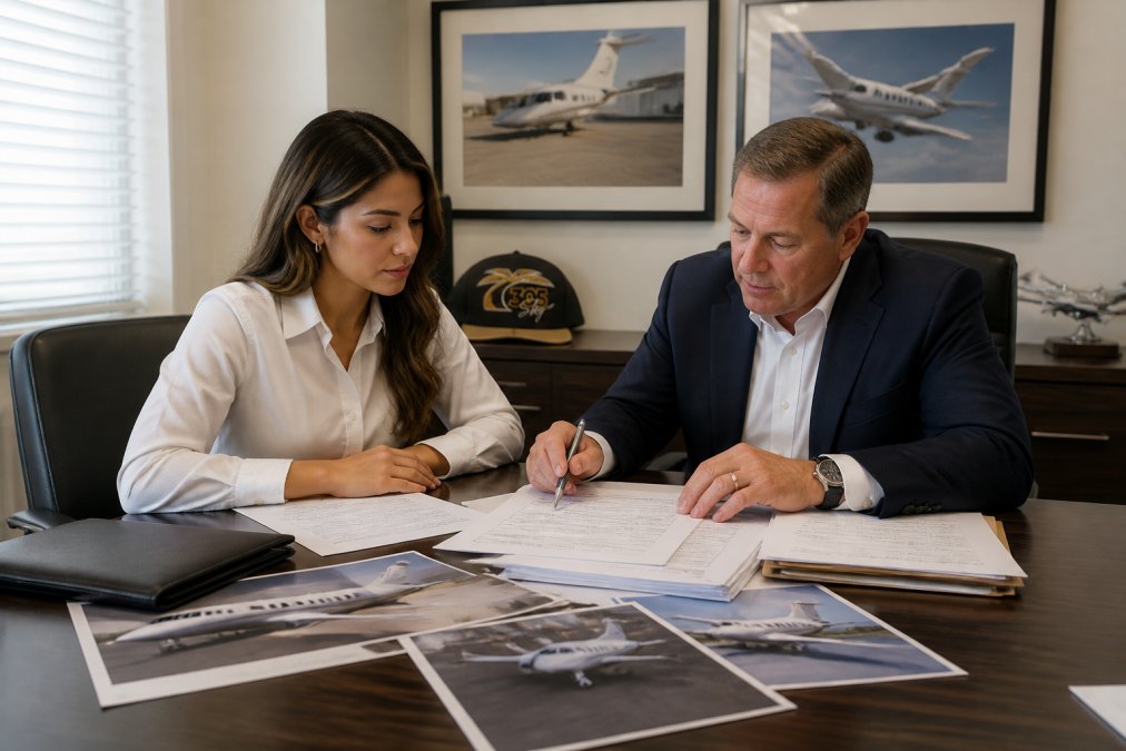 Professional aircraft broker and buyer reviewing FAA title search documents and transaction paperwork at a desk with aircraft photos and contracts visible, natural office lighting