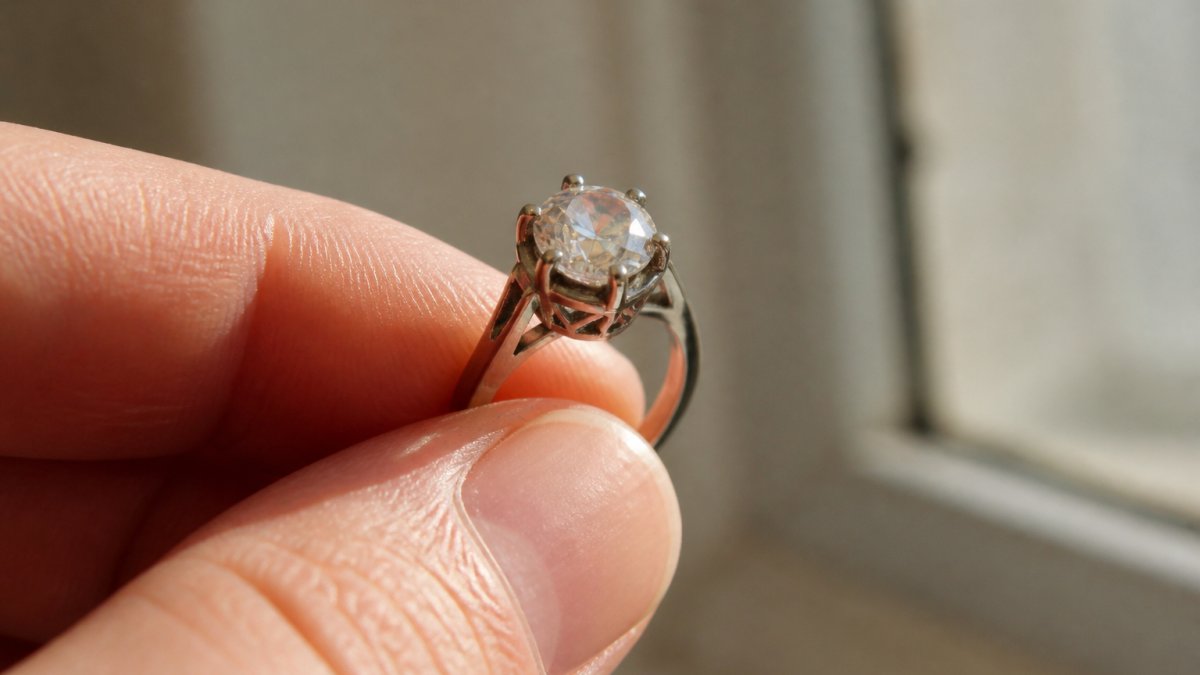 Diagram illustrating the unique high crown and chunky facets of an old mine cut diamond ring in natural light
