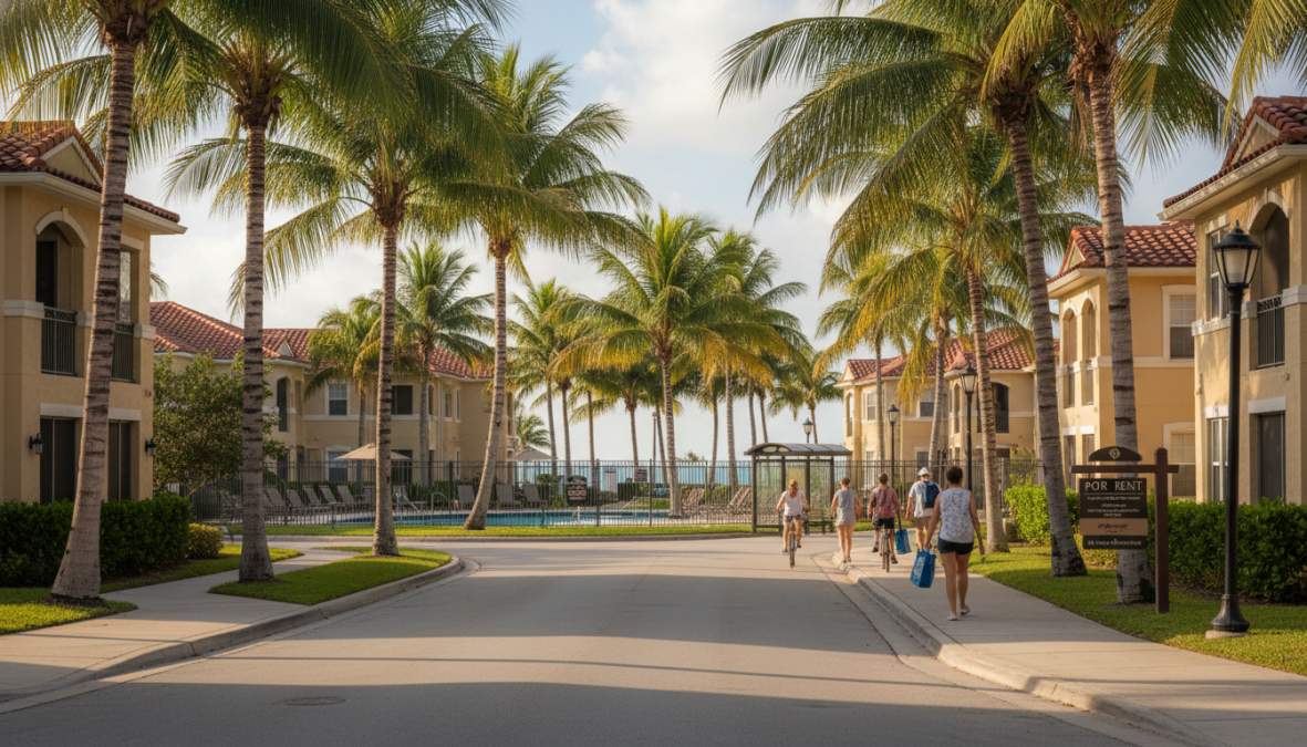 A sunny street view of a walkable Boca Raton neighborhood with palm trees, boutique shops, outdoor cafe seating, and well-maintained apartment buildings visible in the background under bright midday Florida light