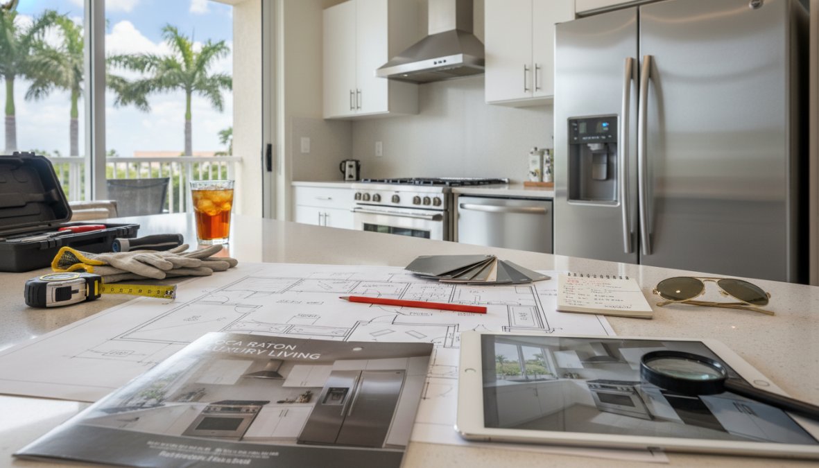 A young professional couple touring a bright, modern one-bedroom apartment with stainless steel appliances, the woman smiling and reviewing a checklist on a clipboard while the man examines the kitchen finishes under warm natural light from large windows