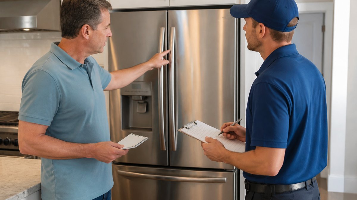 A homeowner standing in a bright kitchen with a notepad, pointing at a refrigerator while a friendly technician in a uniform listens and takes notes