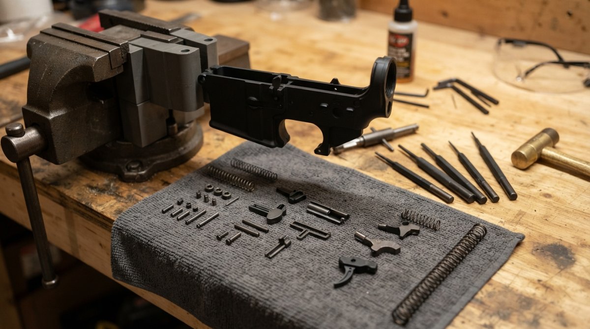 Close-up of a workbench with an AR-15 stripped lower receiver clamped in a vise block, a lower parts kit spread across a shop towel, roll pin punches, a small brass hammer, and a pivot pin installation tool under warm task lighting