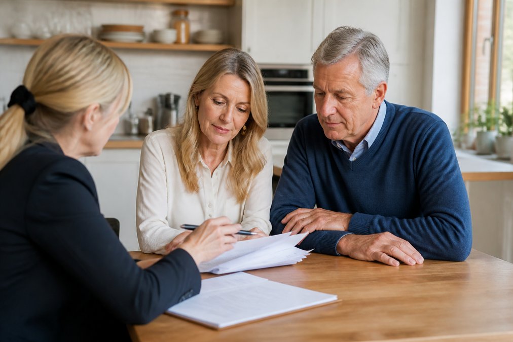 A middle-aged couple sitting at a kitchen table with a solicitor, reviewing paperwork and discussing options, warm natural light, calm and reassuring atmosphere