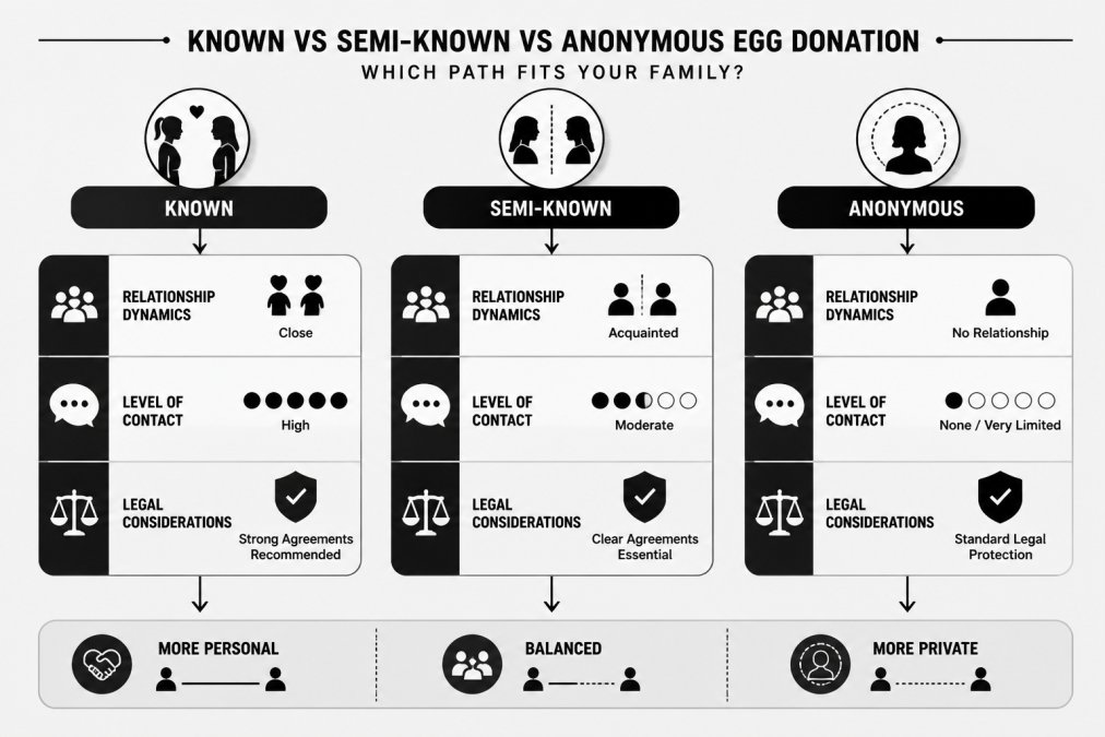 Side-by-side comparison flowchart of known, semi-known, and anonymous donation paths showing relationship dynamics, level of contact, and legal considerations for each
