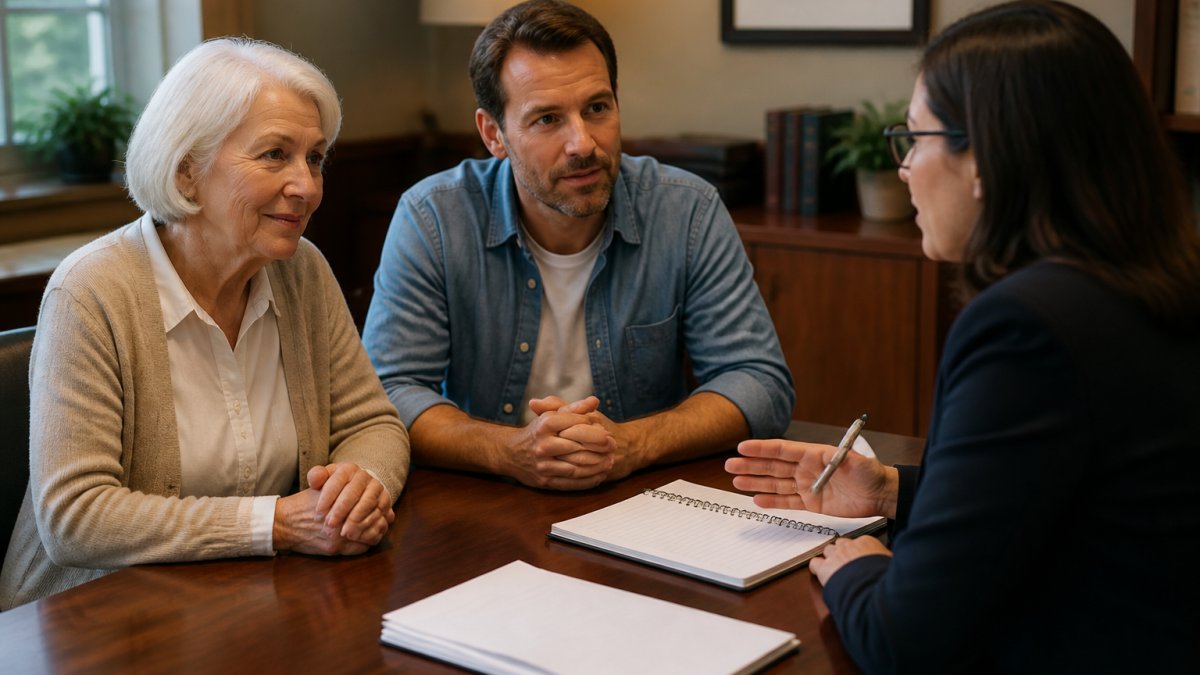 An older adult and a younger family member sitting at a desk across from an attorney in a warm, well-lit office, with a notebook and documents on the table