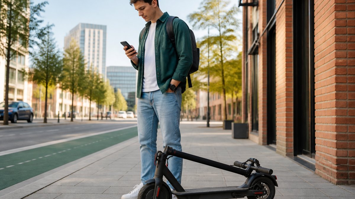 Urban commuter checking a route on a smartphone next to a folded electric scooter on a city sidewalk