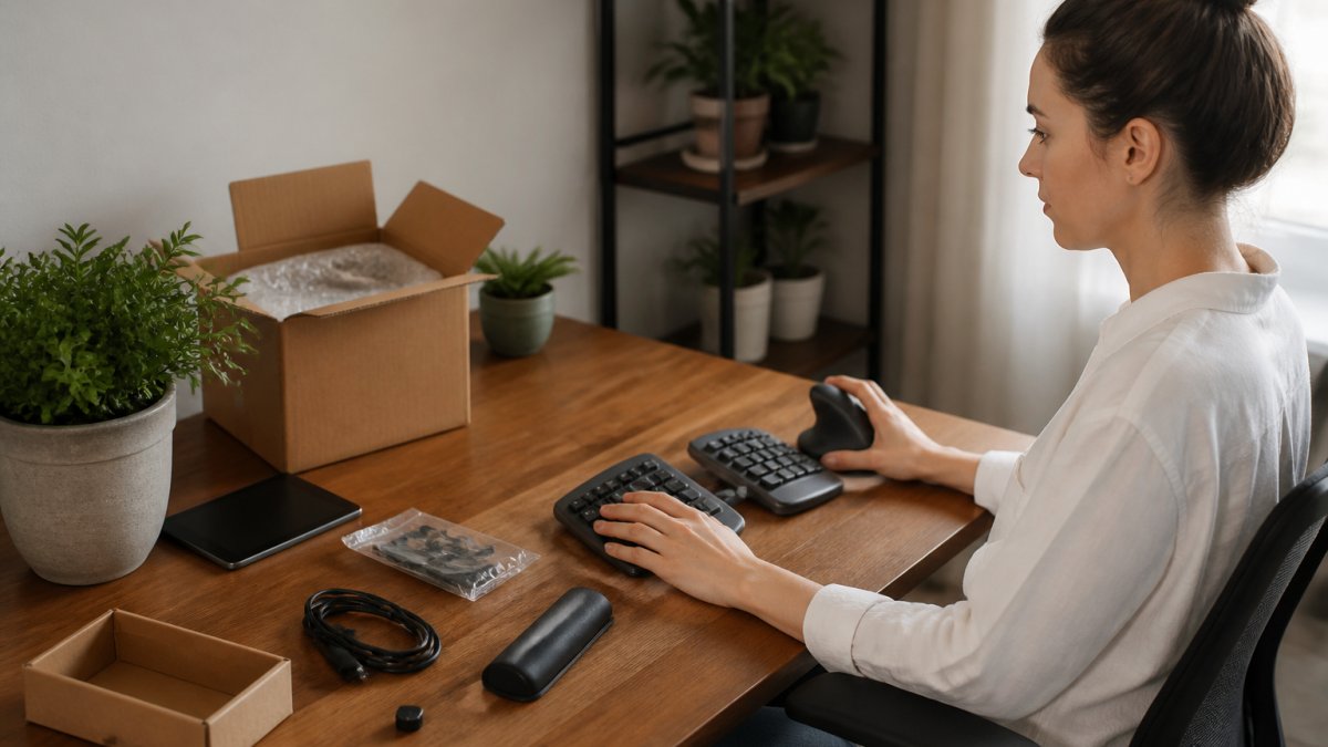 A remote worker seated at a tidy home desk with a split keyboard, vertical mouse, monitor at eye level, and forearms resting level with the desk surface