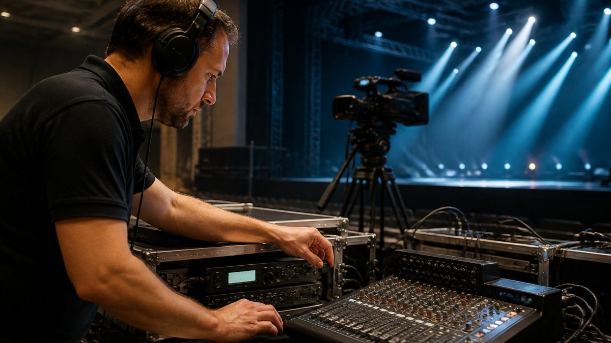 A broadcast technician at a venue checking a video encoder and audio mixer on a production desk, with a camera on a tripod and stage lighting in the background