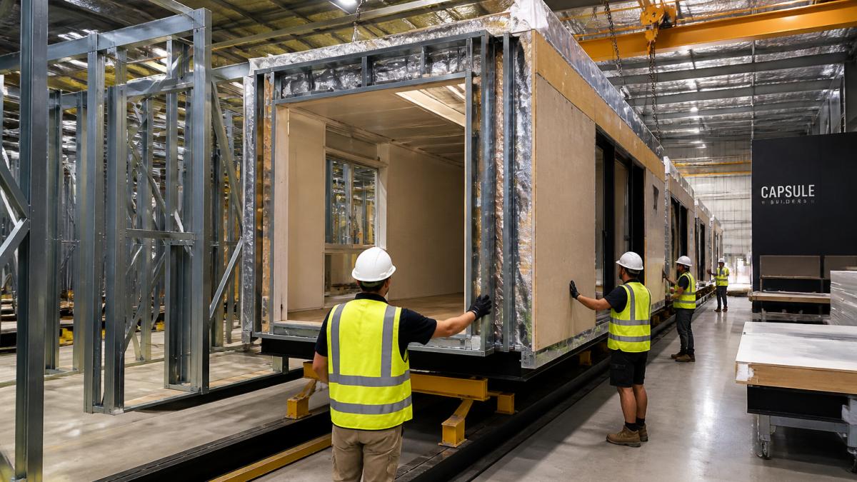 A modular home under construction inside a factory, steel frames standing on the assembly line, workers in high-visibility vests and hard hats guiding a module into position under bright industrial lighting