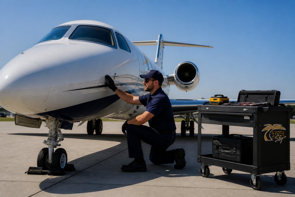 Professional aircraft maintenance technician in work uniform and safety gear performing external aircraft inspection in bright daylight, with diagnostic equipment and tools visible on a nearby service cart