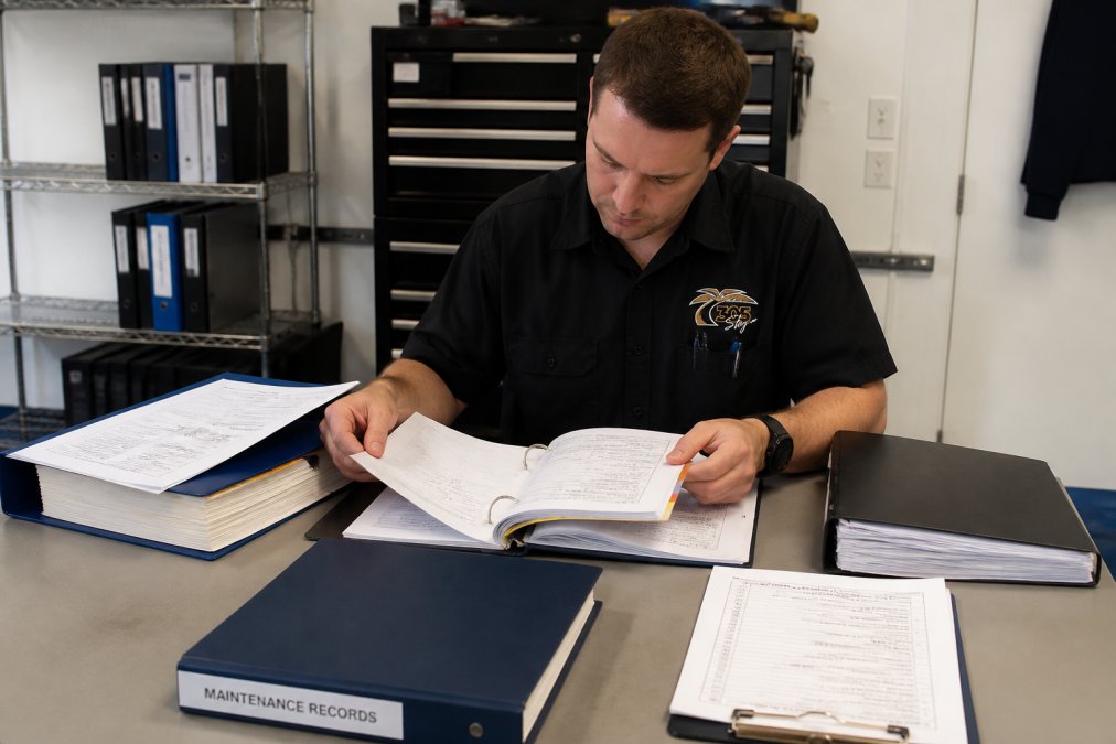 Aviation maintenance professional in uniform reviewing technical maintenance documentation and FAA Part 145 compliance records at a workbench, with aircraft maintenance manuals and inspection checklists visible, in a well-lit office setting