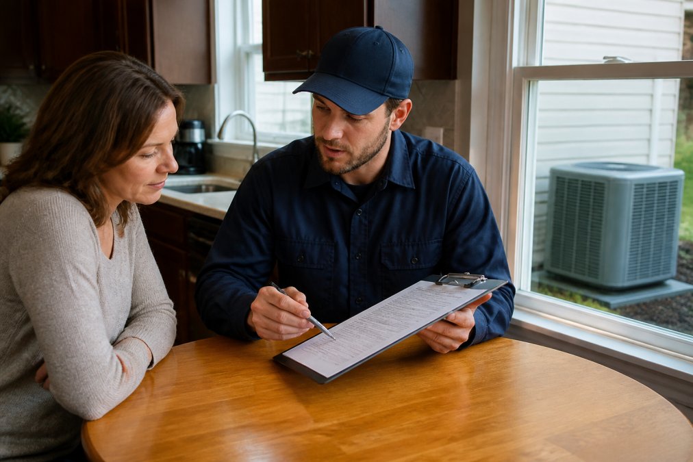 Infographic outlining the steps to choose hvac contractor during a technician estimate consultation at home.