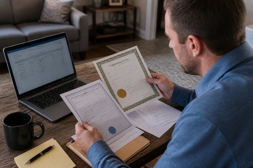 Homeowner reviewing HVAC contractor licensing documents and insurance certificates at a desk with a laptop showing verification records and paperwork