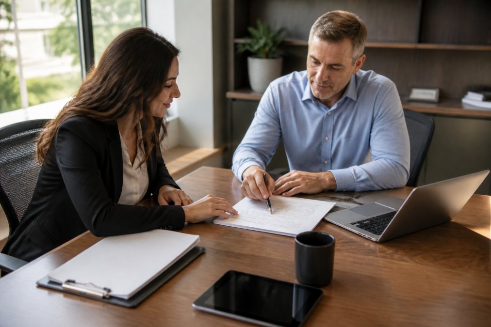 Small business owner reviewing policy documents with an independent insurance agent at a professional desk