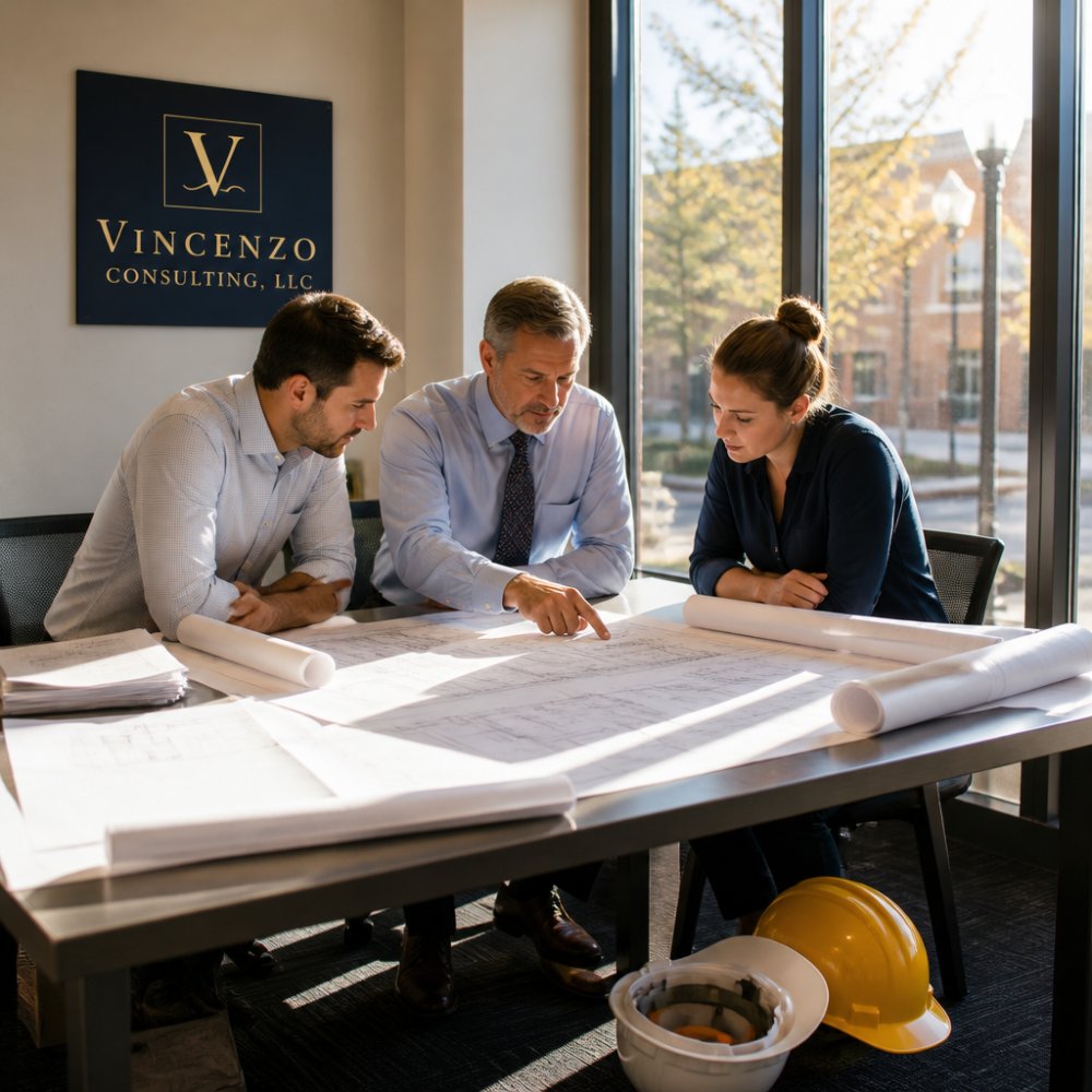A municipal public works director and two engineers reviewing rolled infrastructure drawings spread across a conference table, hard hats on the floor beside them, morning light through tall windows