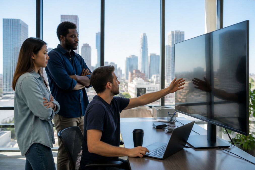 A professional IT team in a modern Los Angeles office reviewing infrastructure dashboards on a large monitor, natural window light, downtown skyline visible