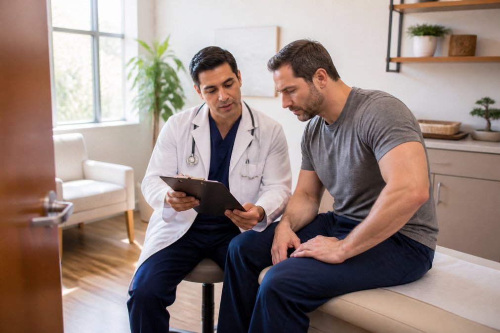 A doctor in a white coat consulting with a patient in a bright, modern clinic room, both seated and reviewing notes together on a clipboard