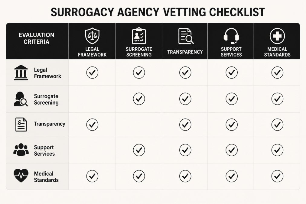Comparison matrix for vetting an international surrogacy agency by legal, medical, and support standards.