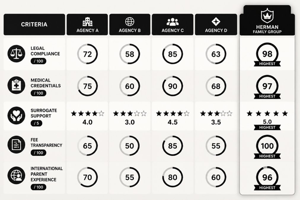 Comparison matrix showing key criteria for vetting agencies: legal compliance rating, medical credentials verification, surrogate support level, fee transparency score, and international parent experience