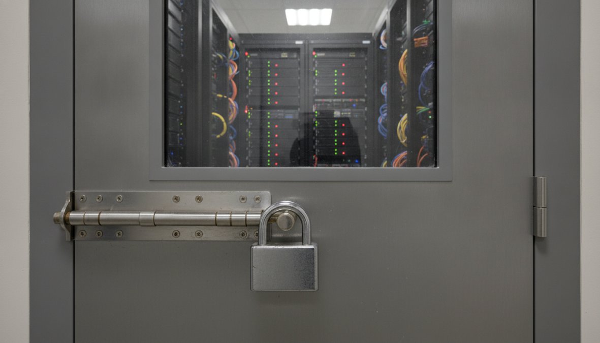 IT professional in a modern server room reviewing network security on a laptop, with illuminated server racks visible in the background under cool blue overhead lighting